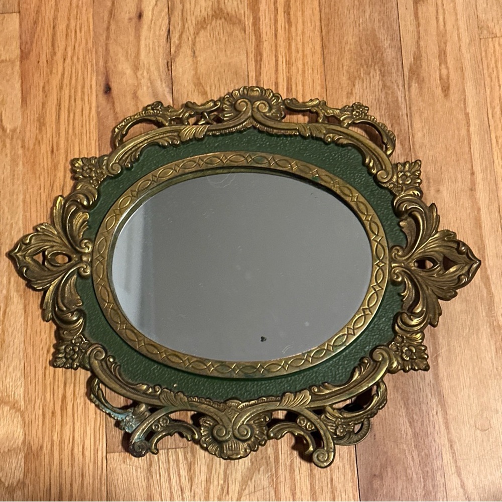 Antique MIRROR Baroque French vanity free standing solid Brass with green detail - Picture 6 of 16